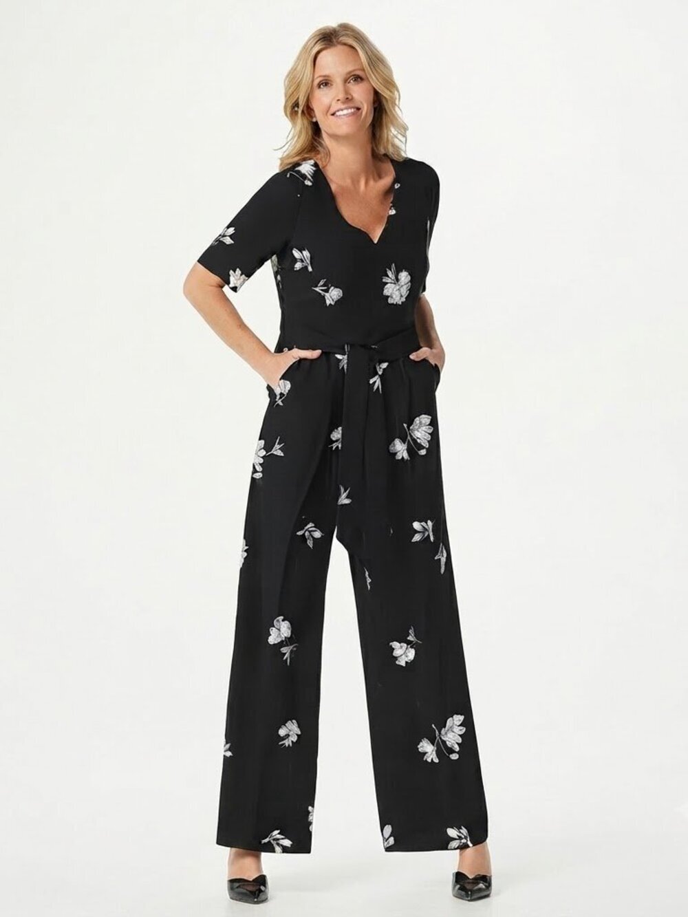 Vince Camuto Floral Elbow Sleeve Pockets Jumpsuit Black White Size 6